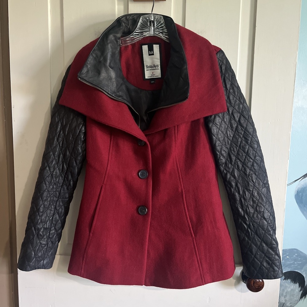 Soia Kyo Wool Jacket Womens XS Leather Quilted Sleeve Two Toned Red Black